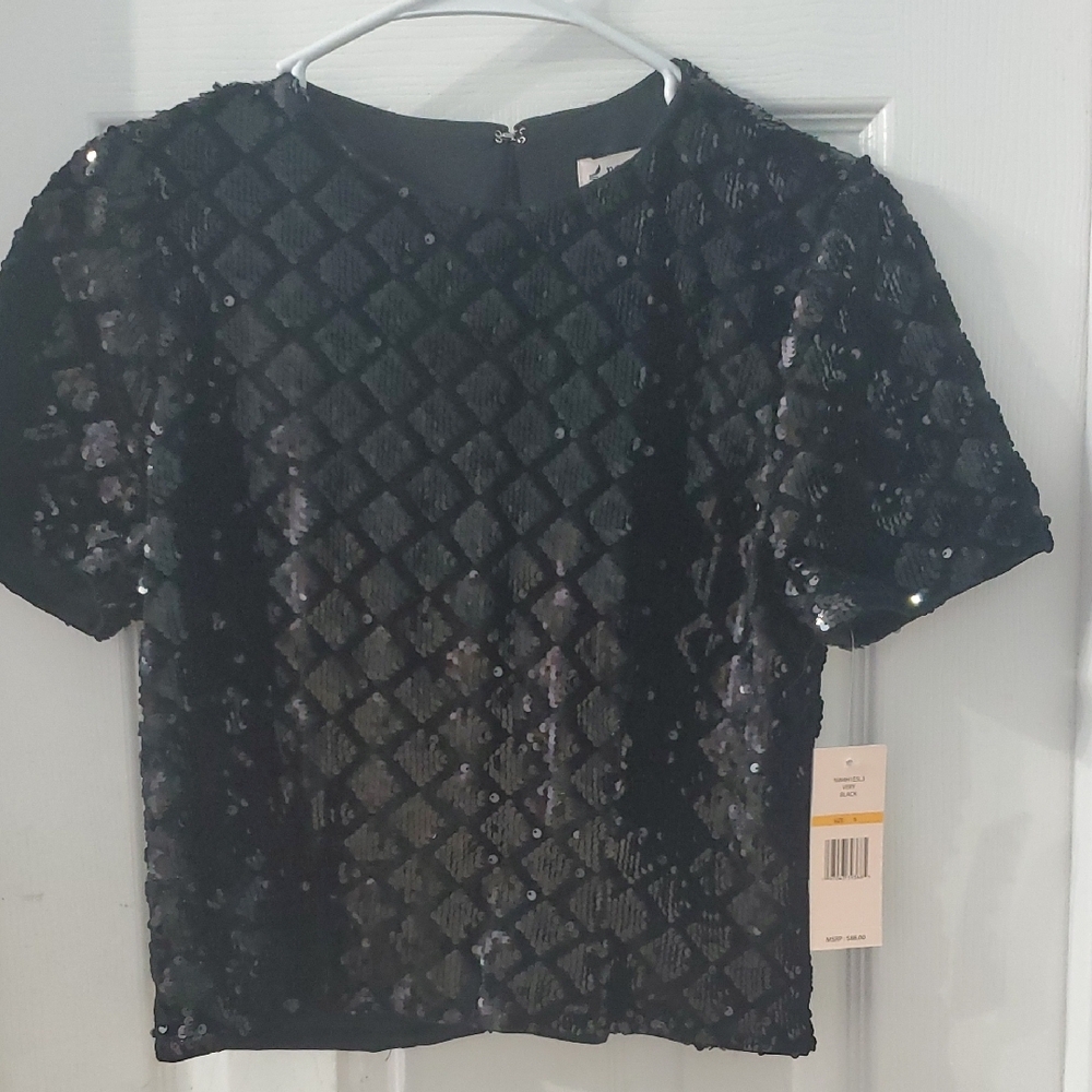 Nanette Lepore Black Sequin Boxy Short Sleeve Blouse